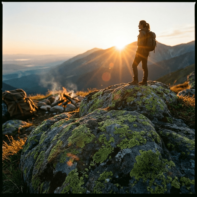 Carved wooden staff and open leather-bound journal resting on a mossy rock at sunset.