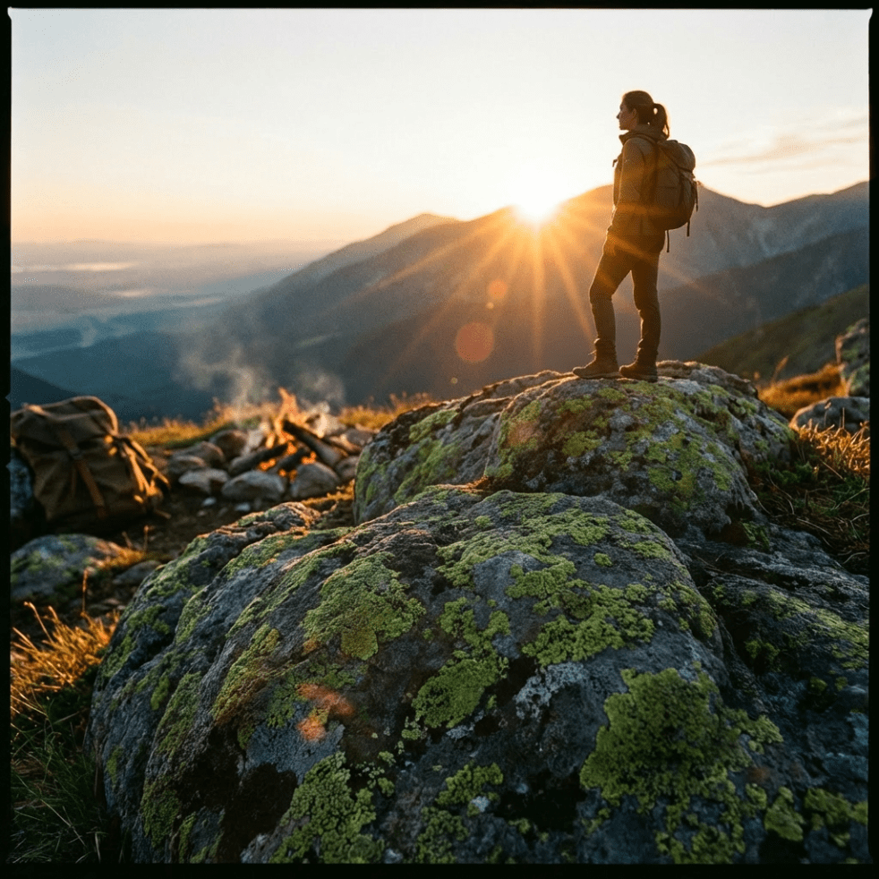 Carved wooden staff and open leather-bound journal resting on a mossy rock at sunset.