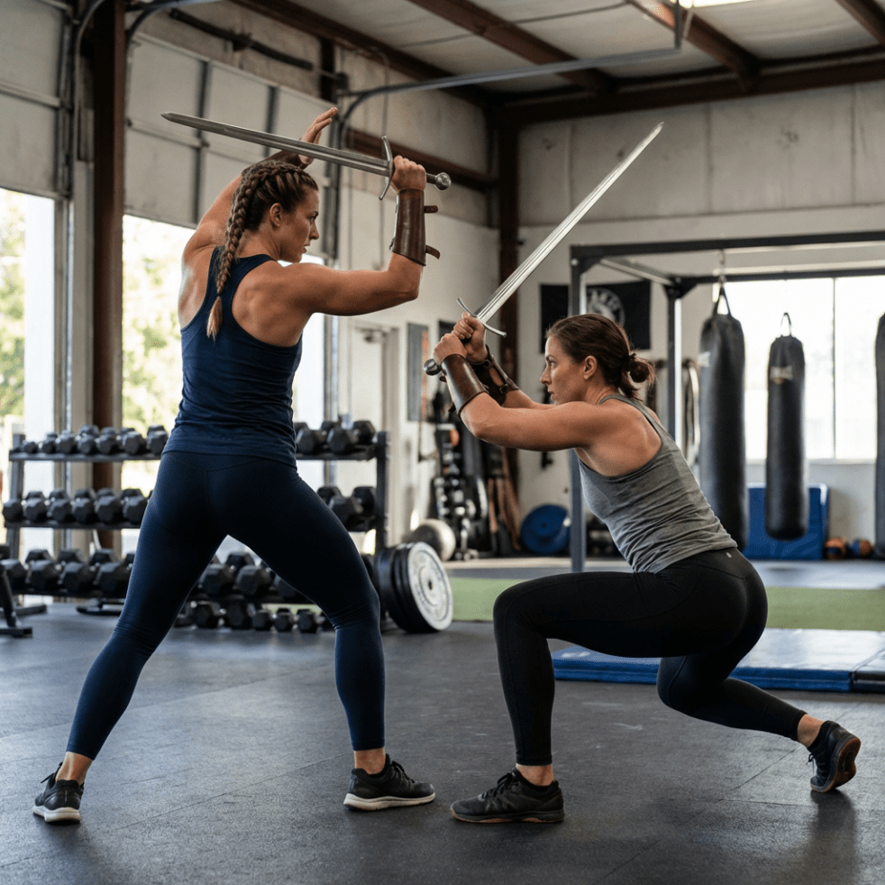 Two women warrior pose with swords gym