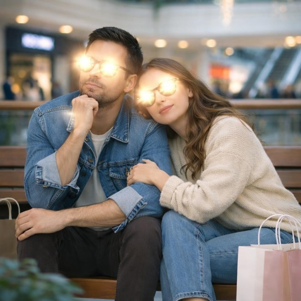 Couple sitting closely on bench with shopping bags, woman leaning on man's shoulder