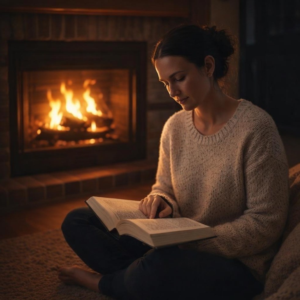 Woman praying in dimly lit bedroom