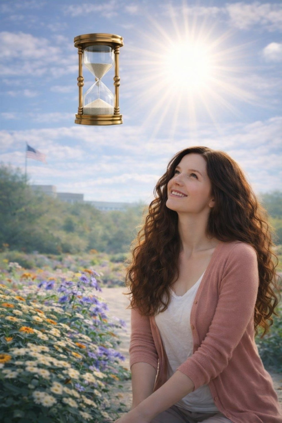 Woman smiling and walking energetically outside hospital with documents