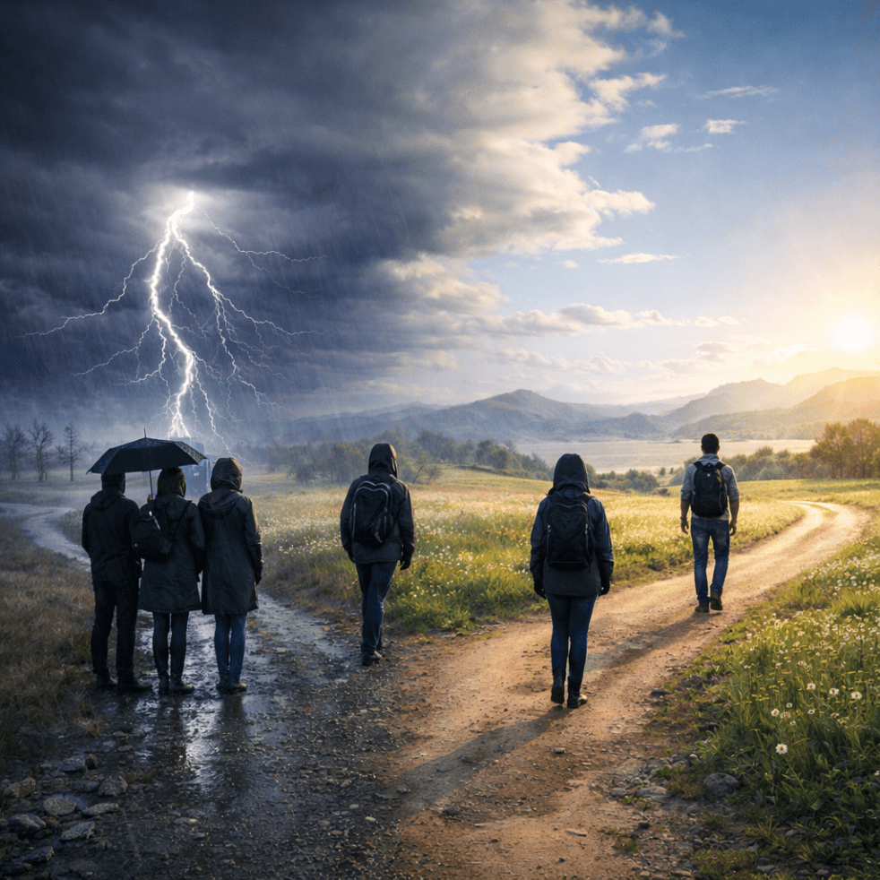 Two people at a fork in a rural path, one under stormy sky with lightning, the other in sunny countryside