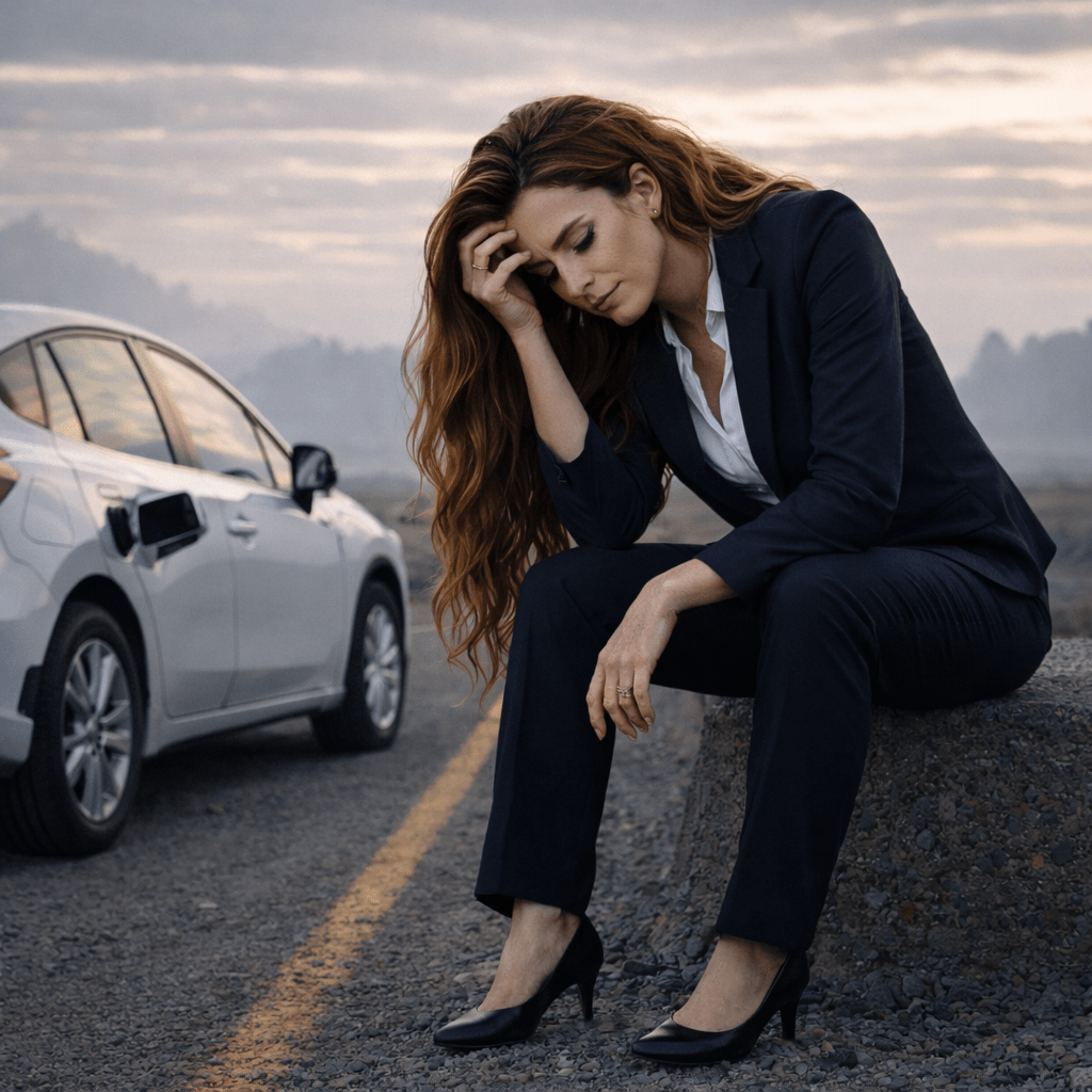 Thin man pouring fuel from red container into car gas tank in desert