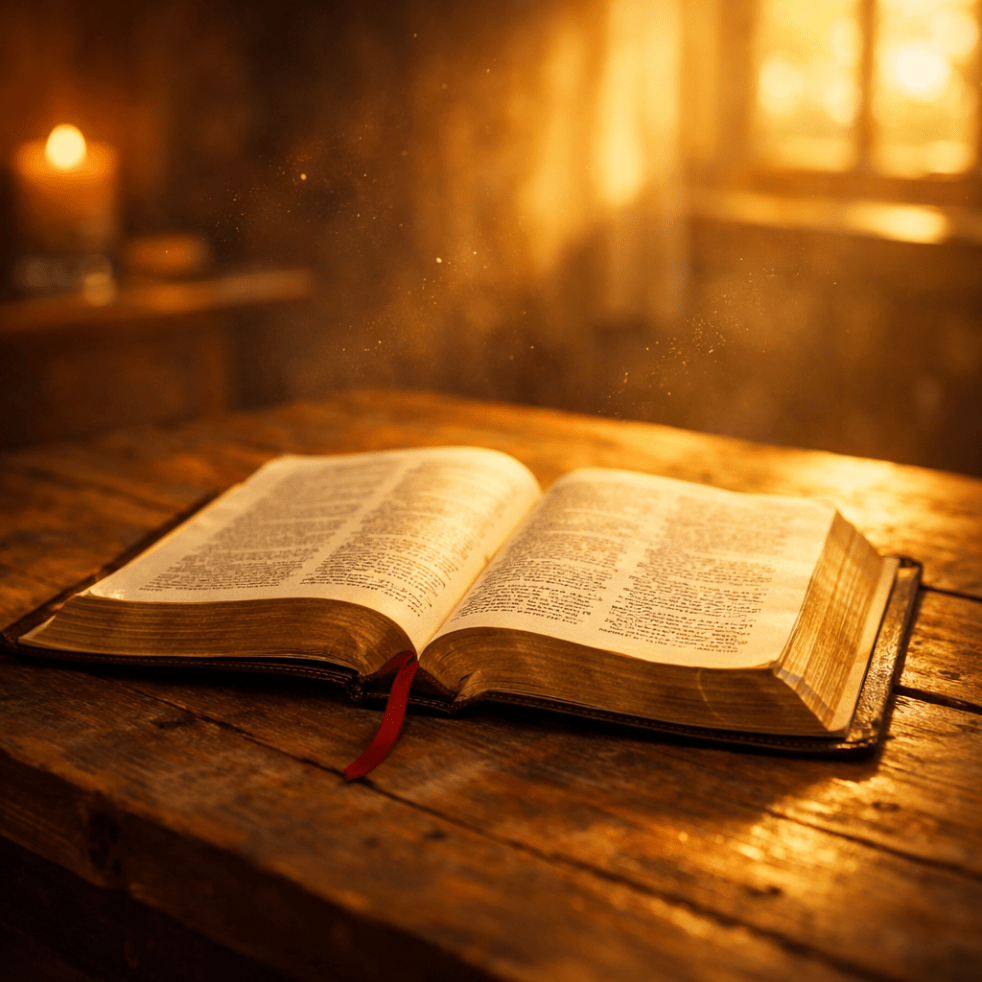 Open Bible with a red ribbon bookmark on a wooden table bathed in warm light