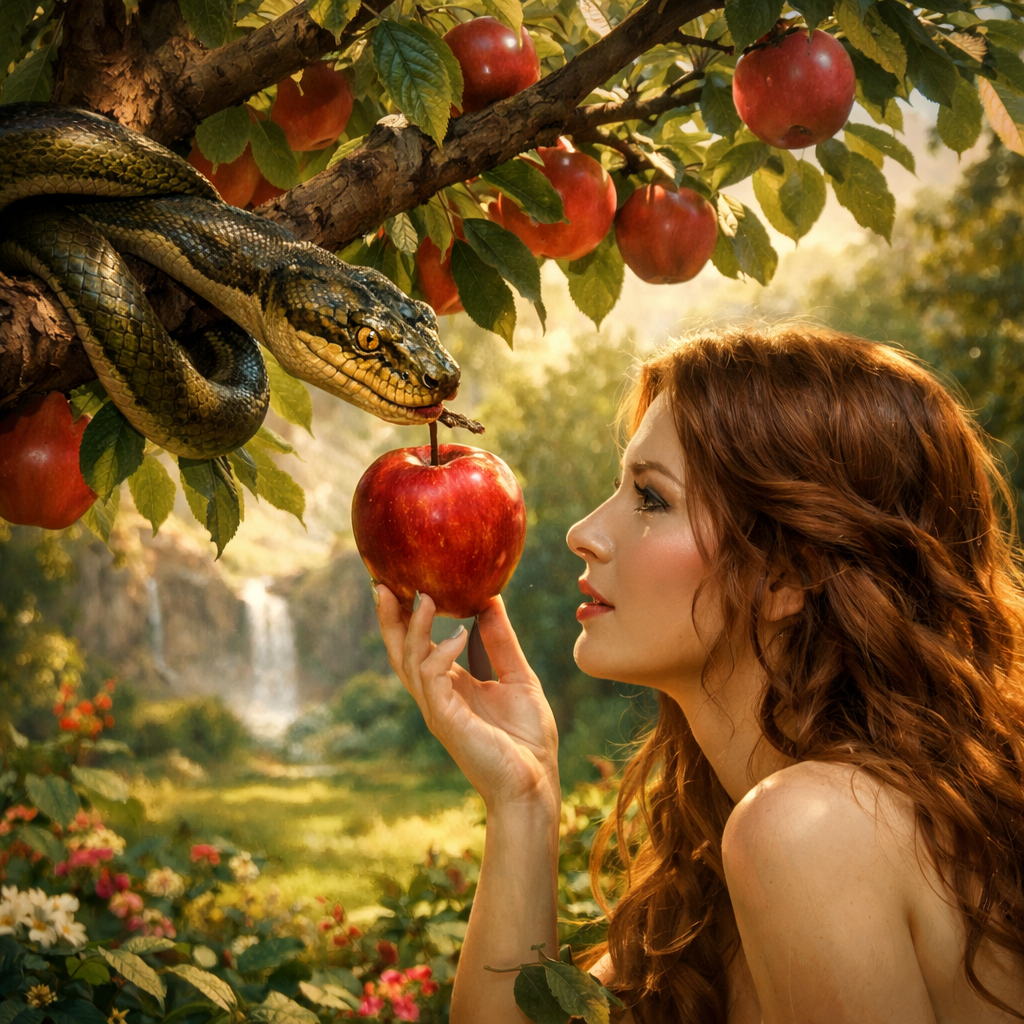 Eden garden apple tree, snake, woman eyeing fruit