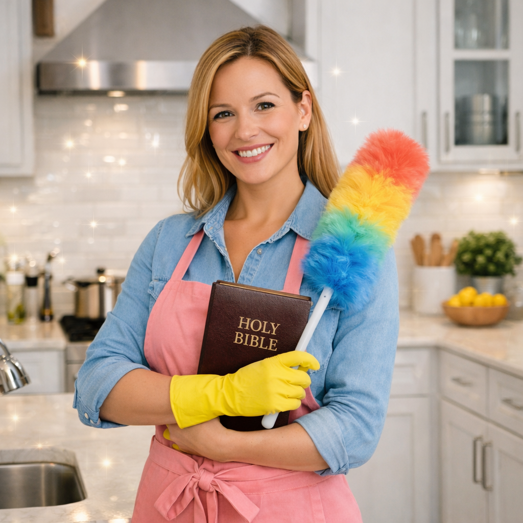 Smiling woman wearing yellow gloves and a pink apron holding a colorful feather duster in a kitchen