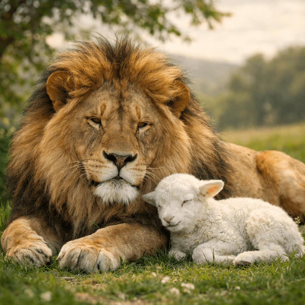 Lion lying peacefully beside a lamb