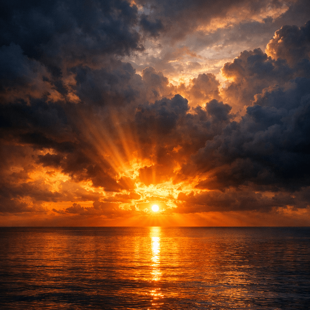 Sun setting over ocean with bright rays emerging through dark clouds