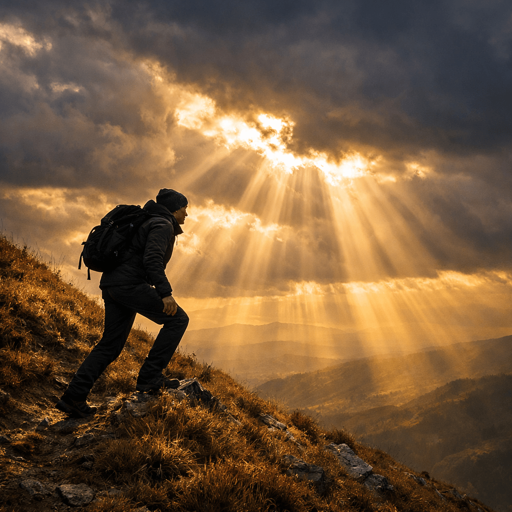 Hiker climbing a hill with backpack under sun rays breaking through clouds