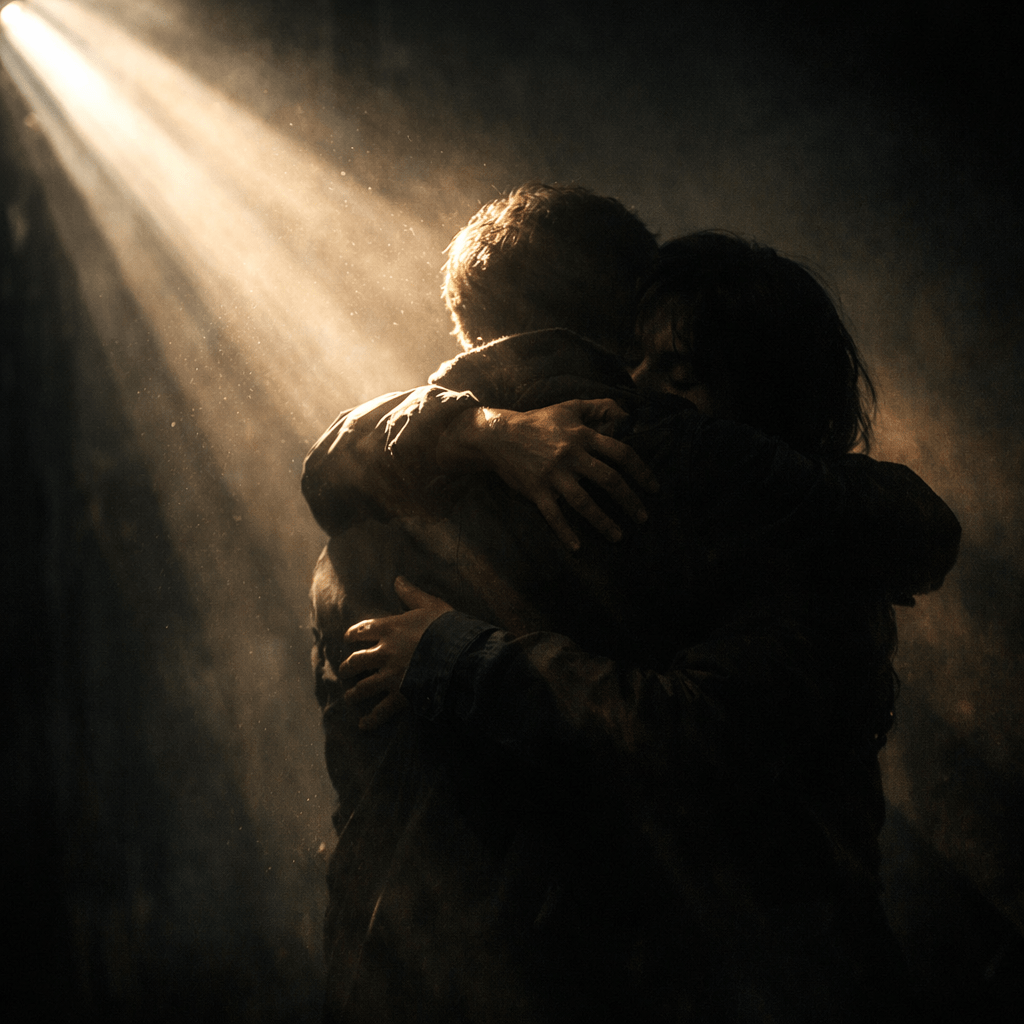Two people hugging closely with light streaming in from above