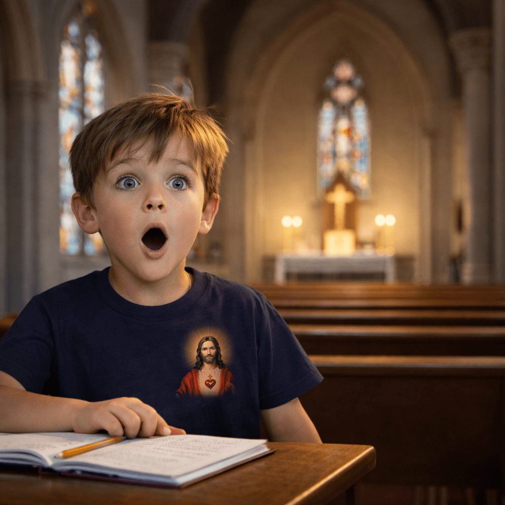 Young boy at classroom desk surprised by glowing heart-shaped depiction of Jesus with sacred heart.