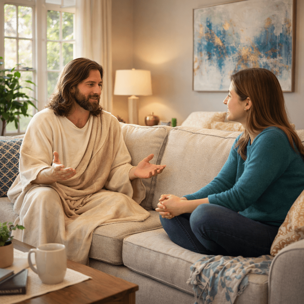 Person kneeling with raised hands under bright rays of light breaking through clouds