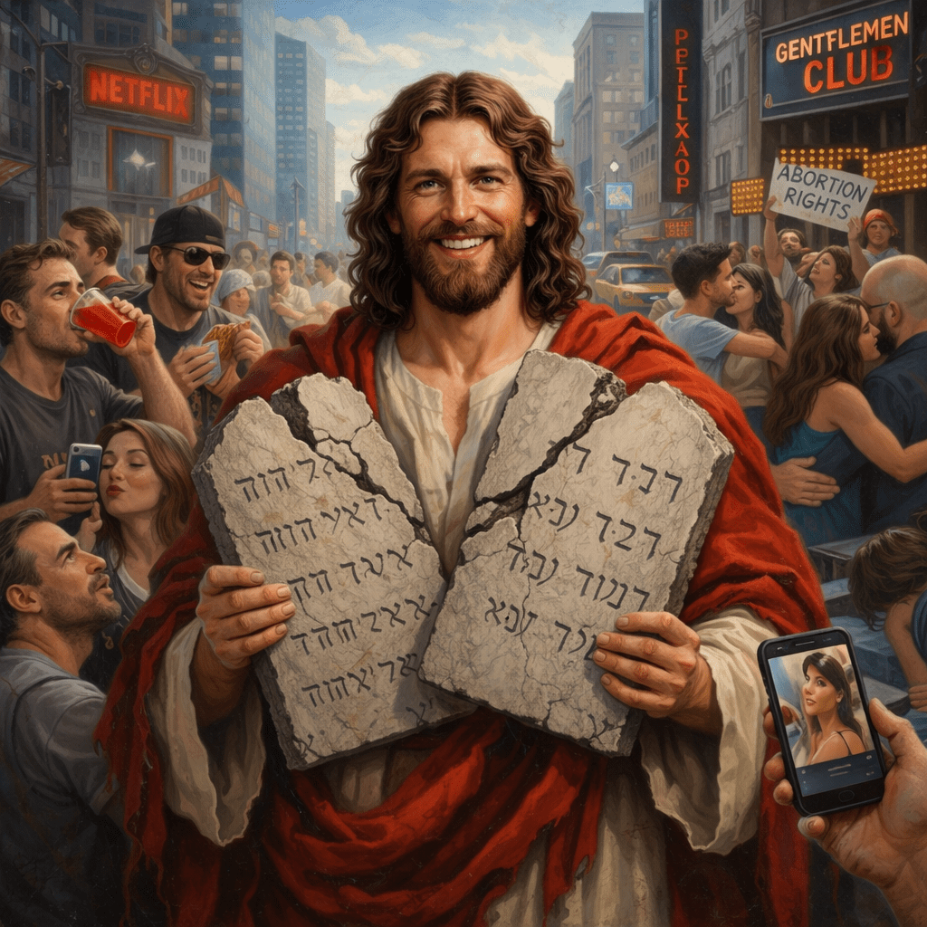 Moses holding broken stone tablets inscribed with Hebrew text in front of a crowd in an ancient town setting