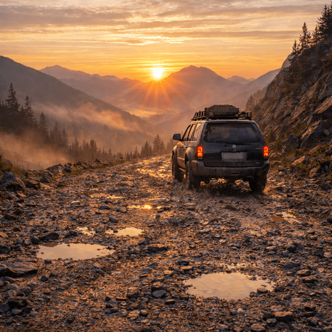 SUV driving on rocky mountain road with puddles at sunset