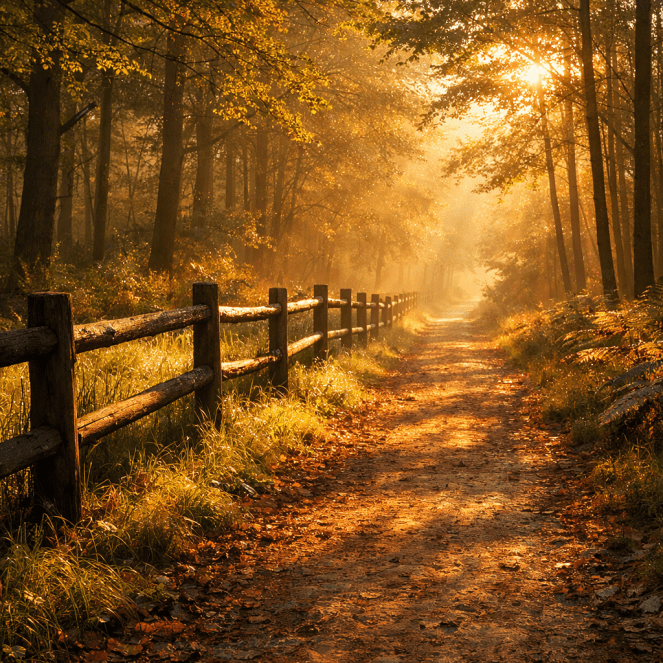 A sunlit forest path bordered by a rustic wooden fence and surrounded by autumn foliage.
