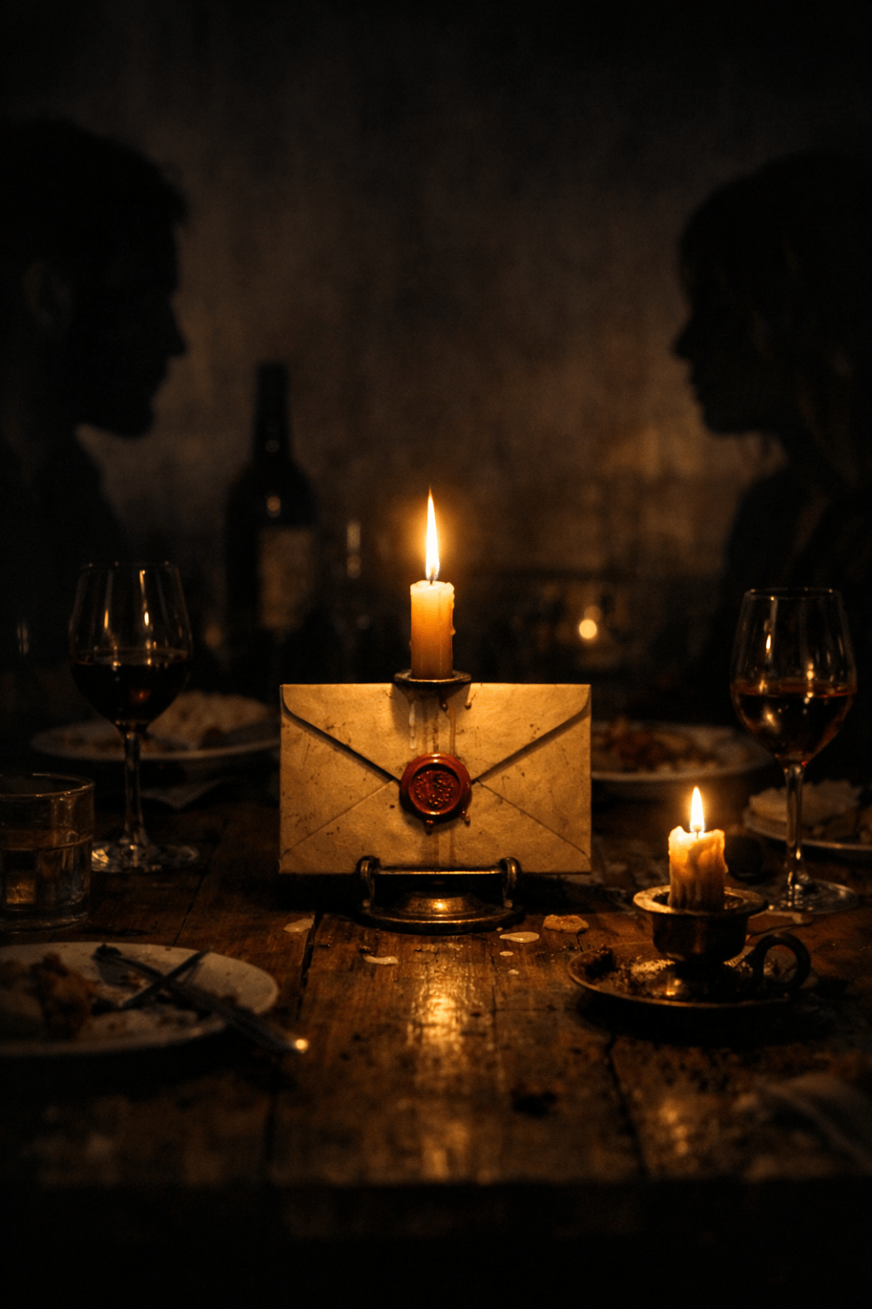 Sealed letter with wax stamp on a rustic table illuminated by candlelight during a romantic dinner