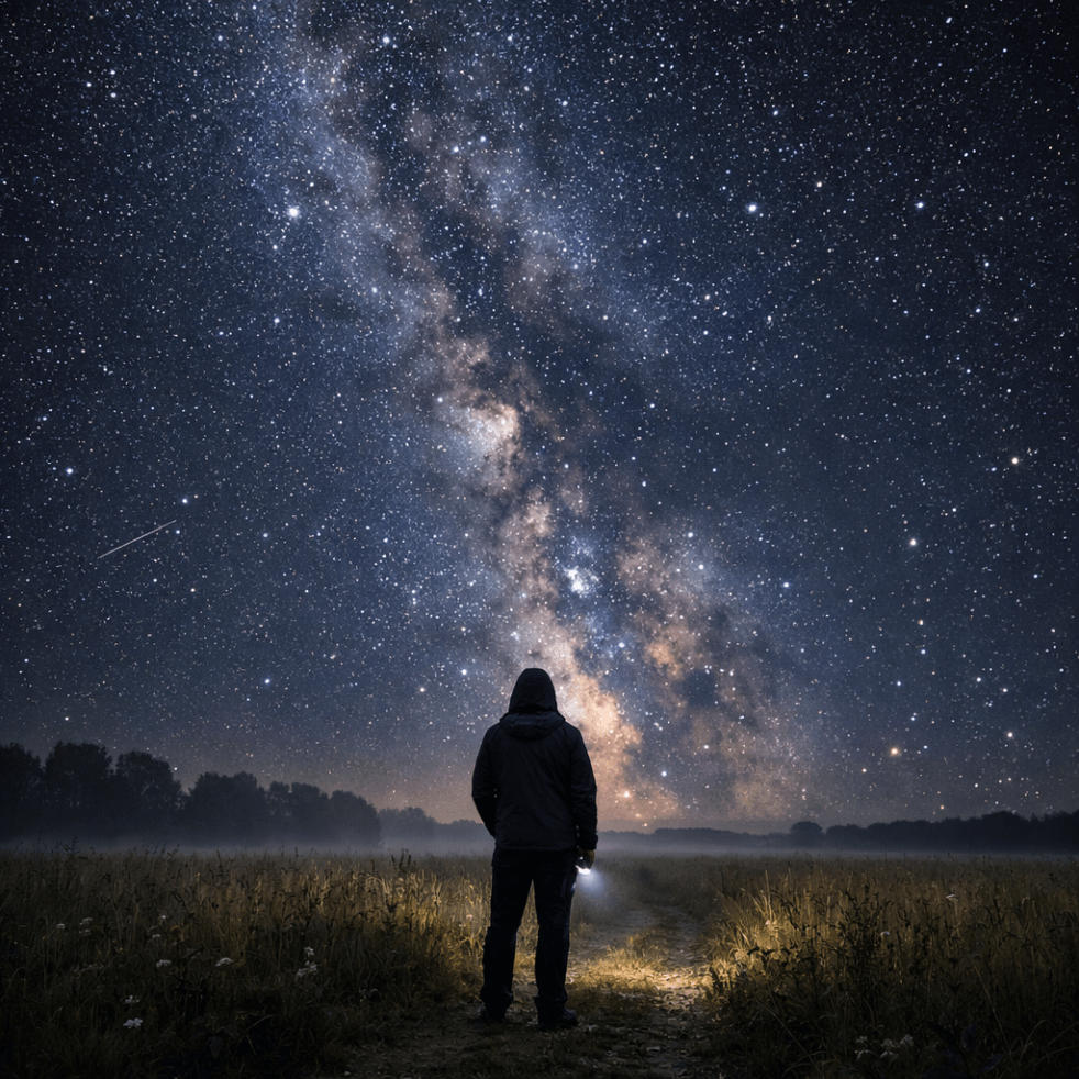 Person standing on a field path at night looking up at the Milky Way with a flashlight