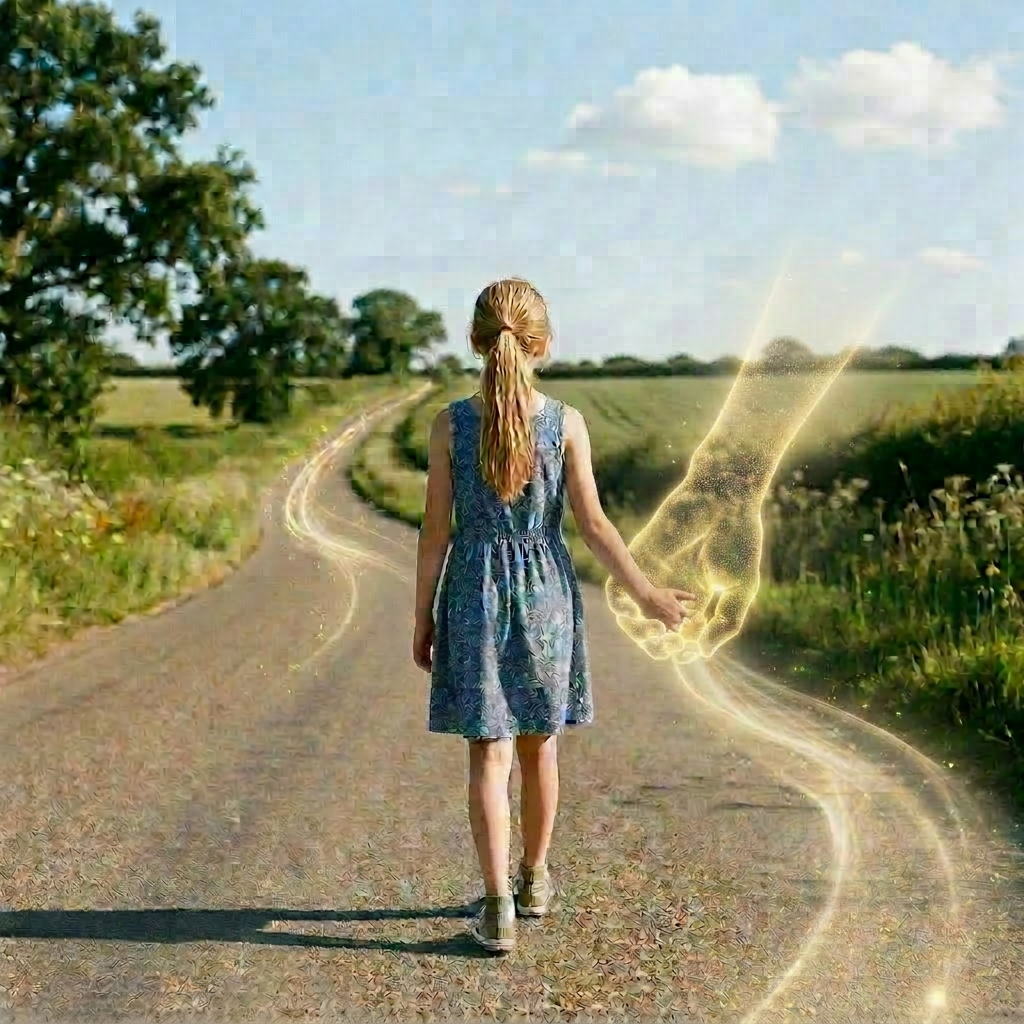 Young girl in blue dress walking on road holding glowing imaginary hand