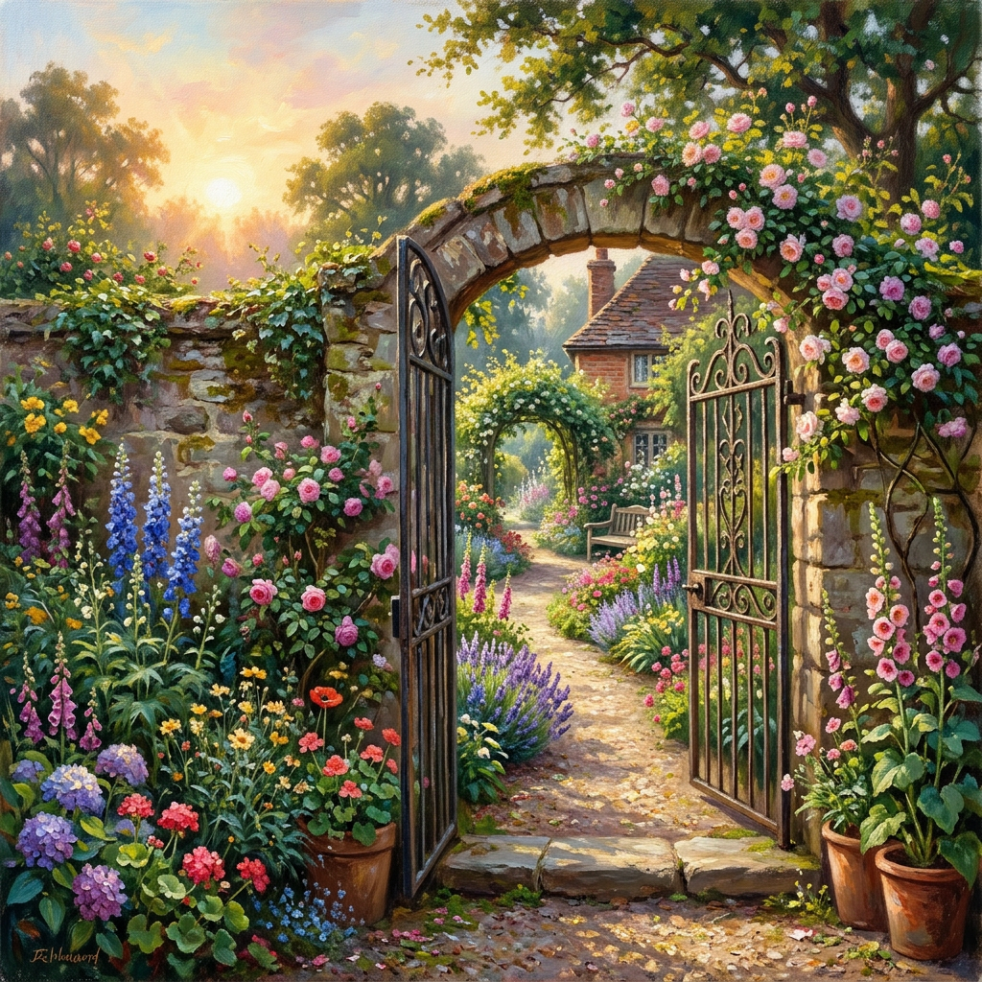 Rustic garden gate opening to a flower-filled path with cottage in background