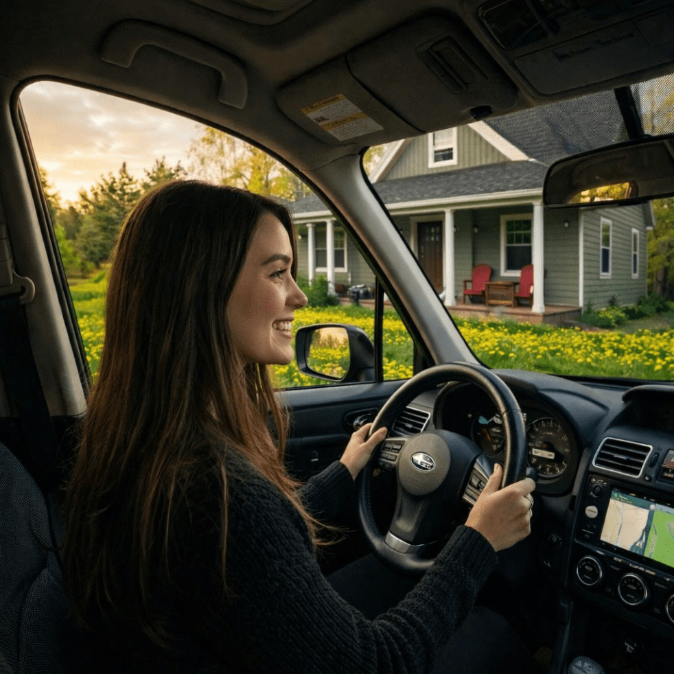 View of a suburban driveway and house from inside a parked car with steering wheel and dashboard visible