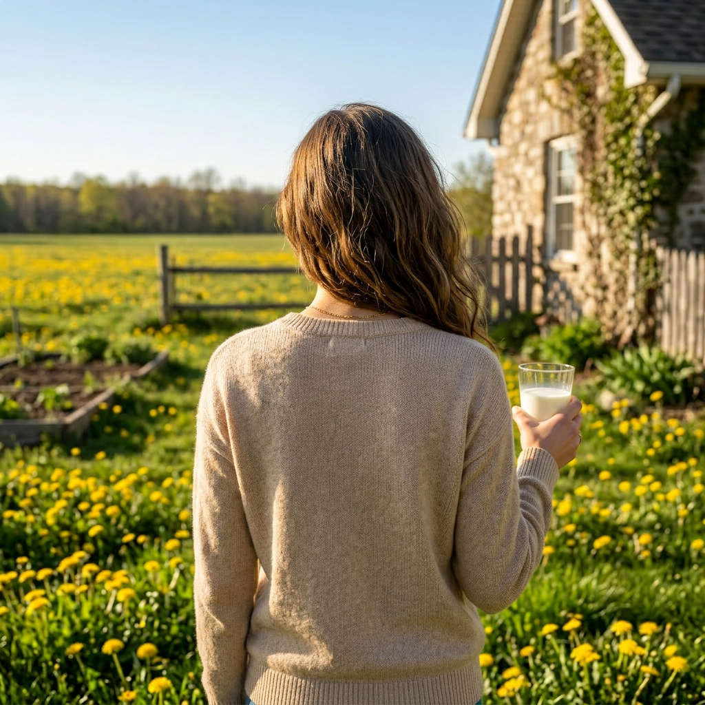 Turn woman around, holding half-full milk glass