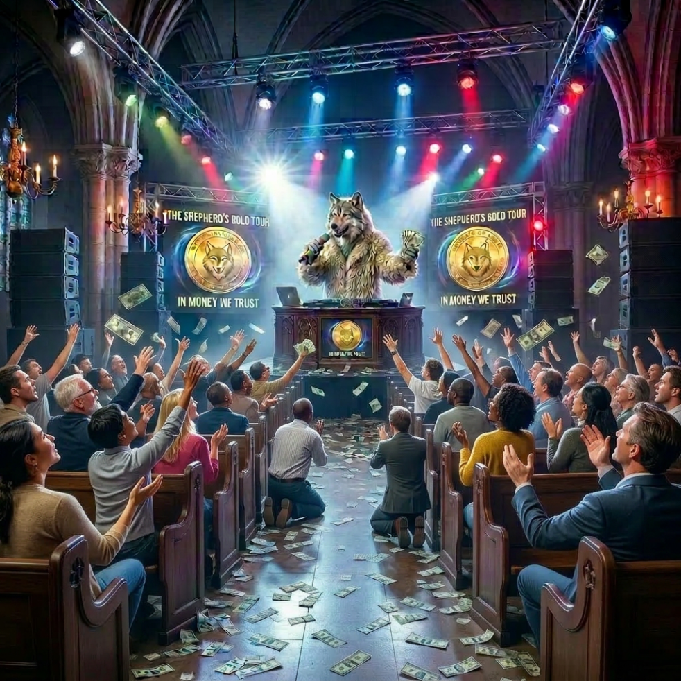 Wolf-headed preacher in religious robes speaking from pulpit to worshiping congregation