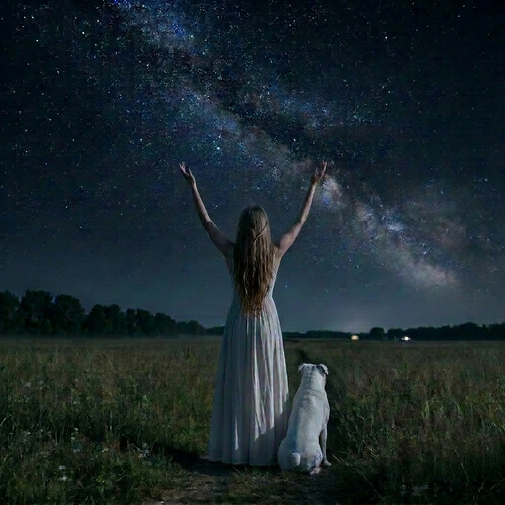 Person standing on a field path at night looking up at the Milky Way with a flashlight