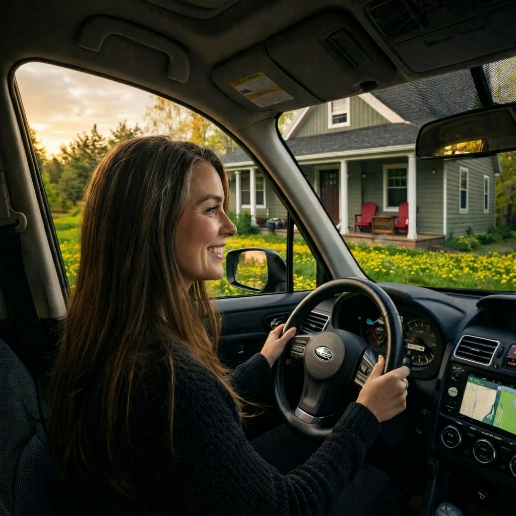 View of a suburban driveway and house from inside a parked car with steering wheel and dashboard visible
