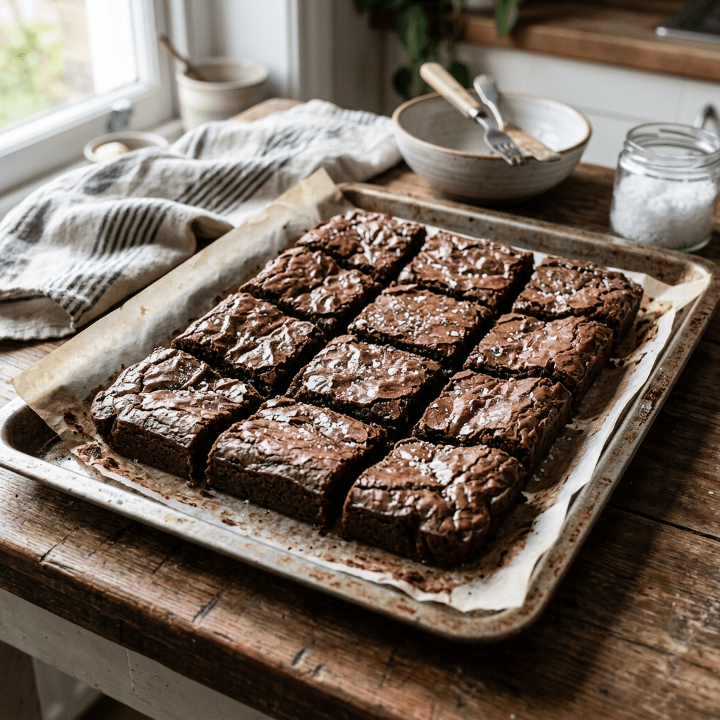 Tray of chocolate brownies cut into squares with sea salt on top
