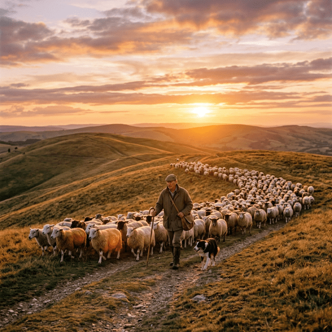 A shepherd walks with sheep and a dog on a hillside path at sunset.
