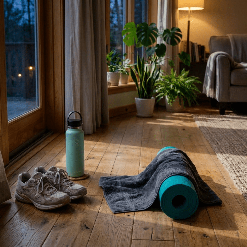 Yoga mat, water bottle, and running shoes on wooden floor next to plants and window