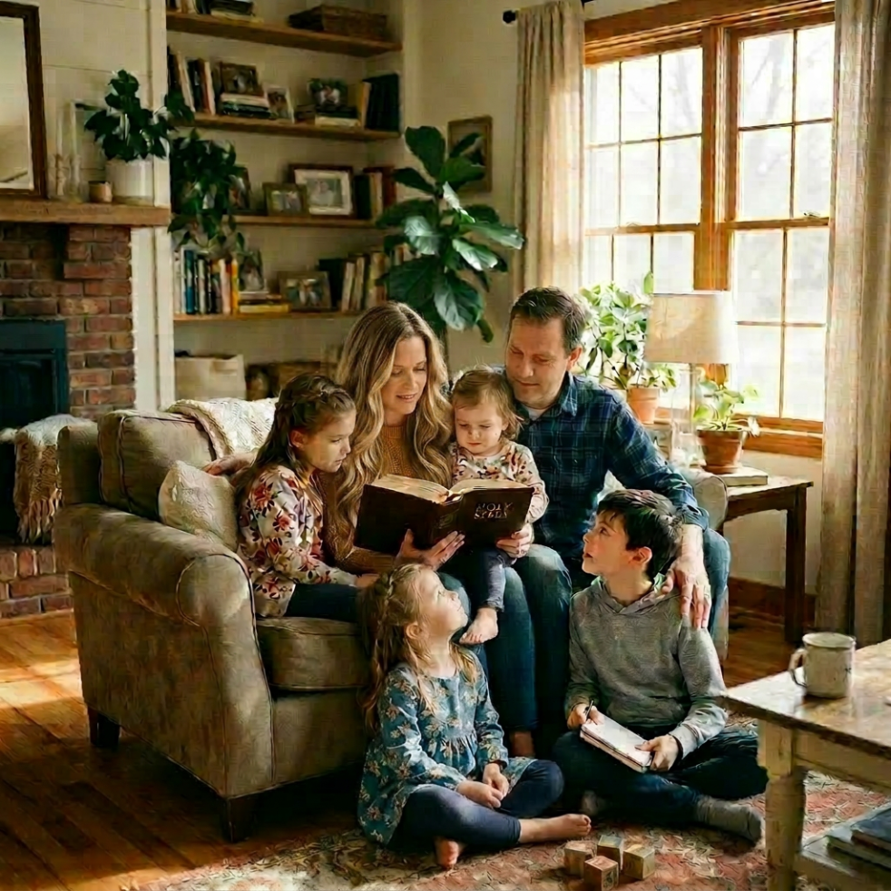 Family reading the Holy Bible together in a warmly lit living room