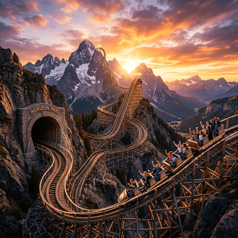 Roller coaster winding through mountains with riders and a tunnel named Horizon Pass
