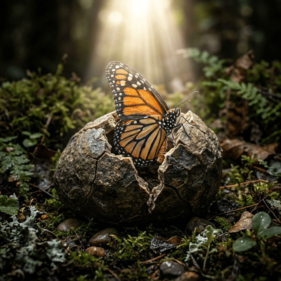 Monarch butterfly emerging from cracked shell on forest floor