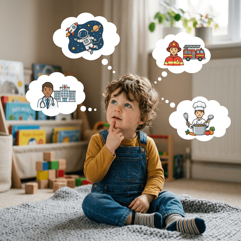 Child thinking with bubbles showing astronaut, doctor, firefighter, and chef careers