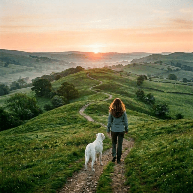 Person walking on a dirt path winding through green hills at sunrise