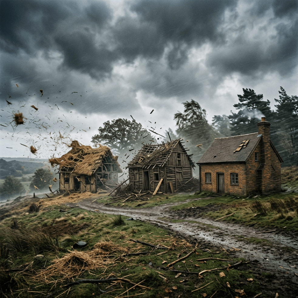 Strong wind blowing debris and damaging two dilapidated houses near a small brick house