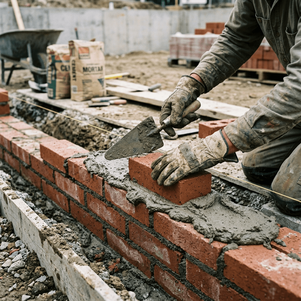 Construction worker spreading mortar on bricks to build a wall