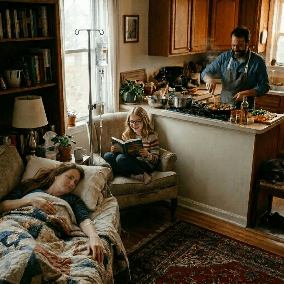 Woman receiving IV therapy resting on a couch, child reading nearby, man cooking in kitchen