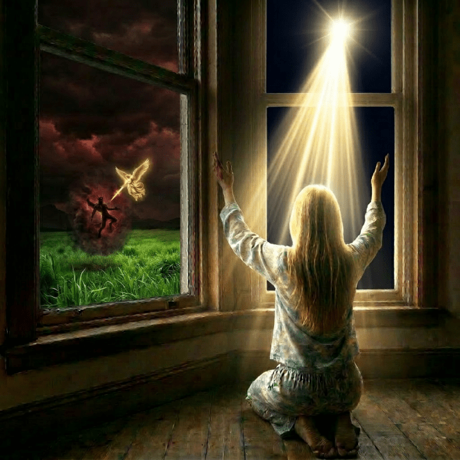 Woman sitting in chair praying by window with Bible and candle
