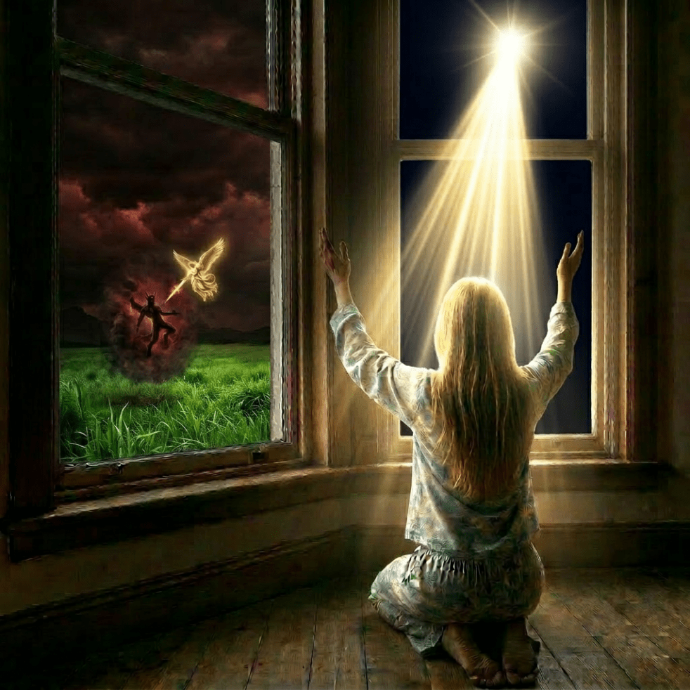 Woman sitting in chair praying by window with Bible and candle