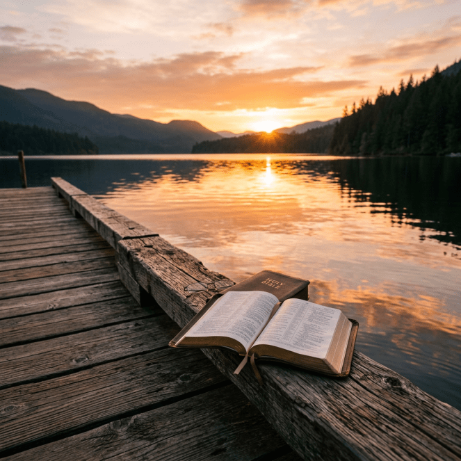 Open Bible and closed Holy Bible on wooden dock by lake at sunset
