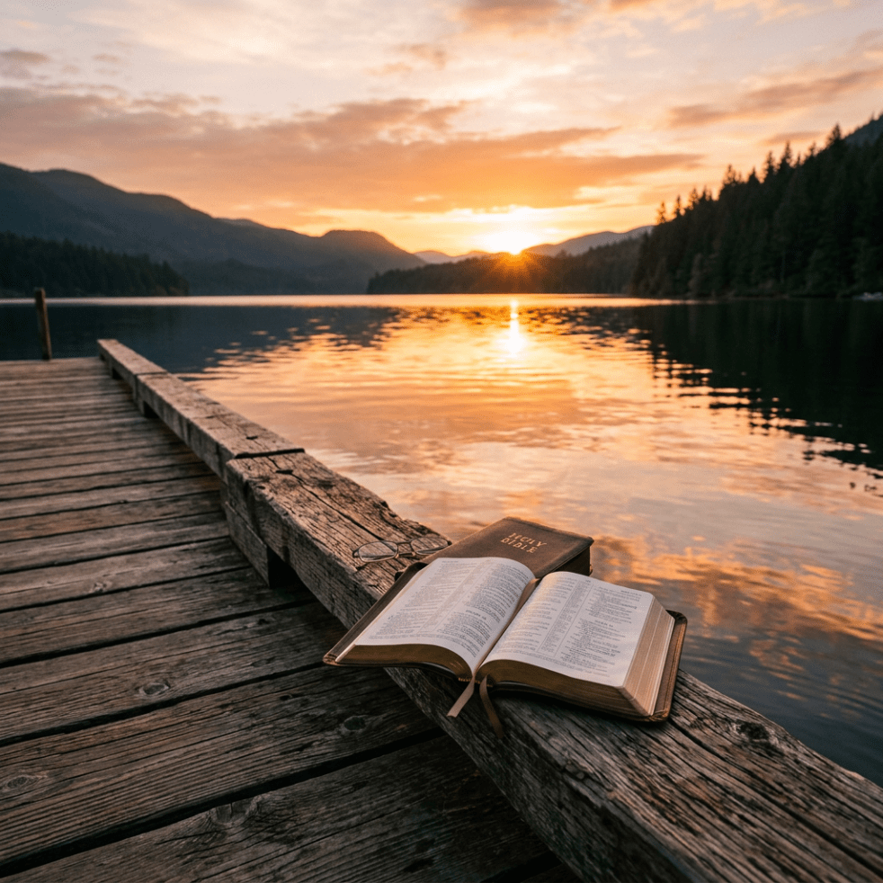 Open Bible and closed Holy Bible on wooden dock by lake at sunset