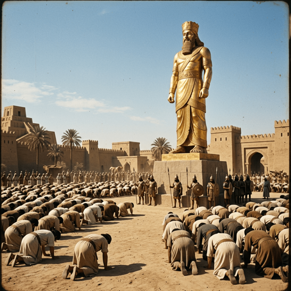 Crowd kneeling in front of a large golden statue guarded by ancient soldiers in a historic city