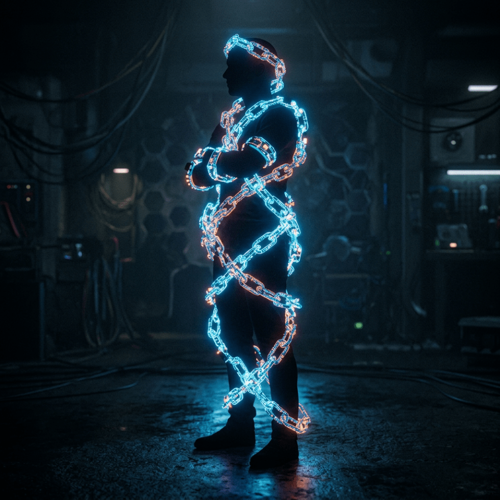 Silhouette of a man bound by glowing blue and orange chains in a dark industrial setting