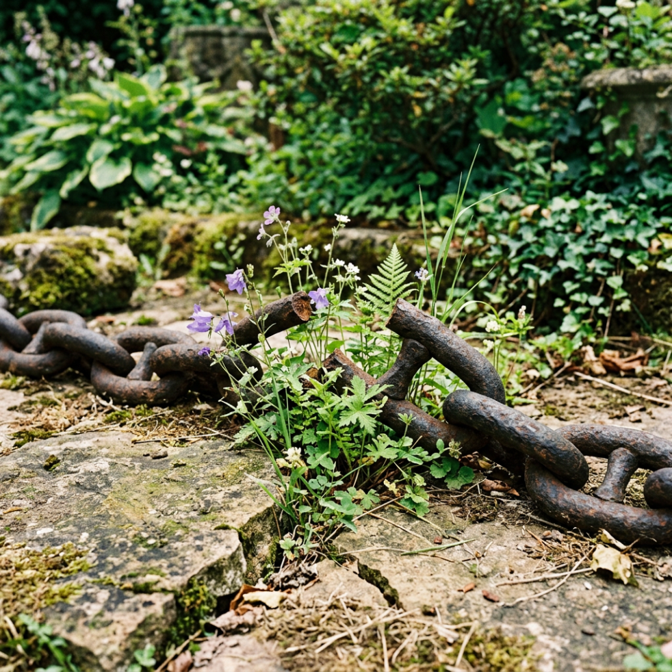 Rusty chain lying on stone ground with small wildflowers growing through it