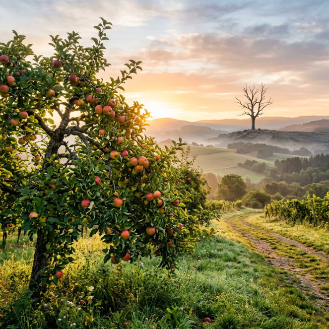 Apple tree heavy with fruit beside grassy dirt path at sunrise with hills and bare tree in background