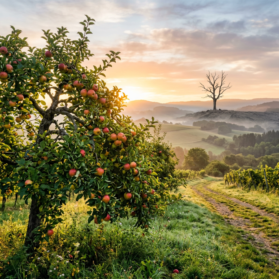 Apple tree heavy with fruit beside grassy dirt path at sunrise with hills and bare tree in background