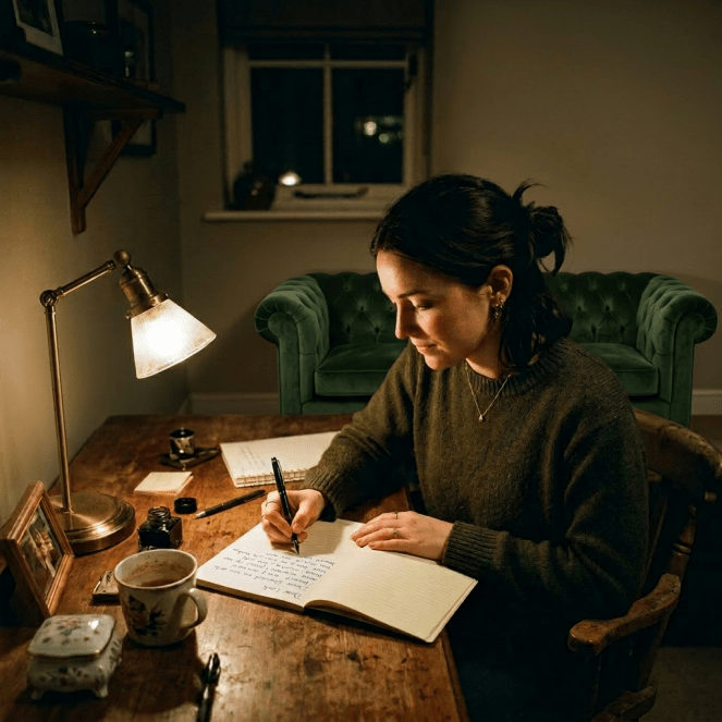 Woman writing in an open journal at a wooden desk with books and a lamp